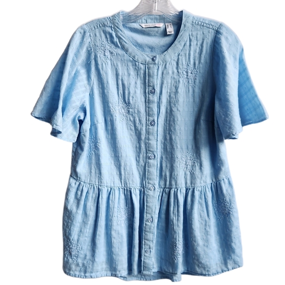 Isaac Mizrahi Live! Embroidered Textured Peplum Blouse | Light Blue XS A589914 - Picture 1 of 14